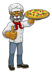 Wildcat Pizza Chef Cartoon Restaurant Mascot