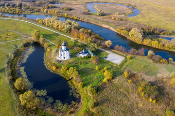 Aerial view of Church of the Intercession on the Nerl (Pokrova na Nerli, XII century) on sunny day....