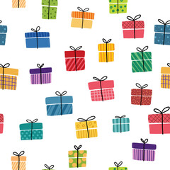 Gift boxes presents seamless pattern Hand drawn doodle collection Wrapped paper textile Sale shopping Birthday Christmas