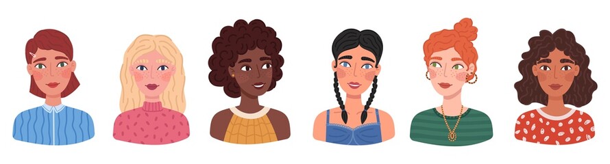 Collection of portraits of cute young stylish women. Set of smiling modern girls with different hairstyles and color skin. Flat cartoon vector illustration.