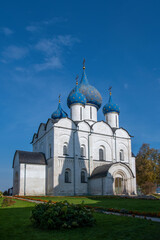 Fototapeta na wymiar View of Cathedral of the Nativity of the Theotokos (early XIII century) on sunny day. Suzdal town, Vladimir Oblast, Russia..
