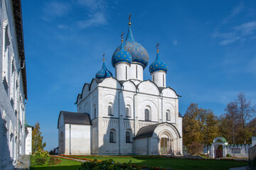 View of Cathedral of the Nativity of the Theotokos (early XIII century) on sunny autumn day. Suzdal town, Vladimir Oblast, Russia..