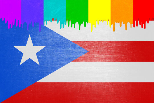 Paint (rainbow flag) is dripping over the state flag of Puerto Rico