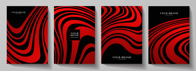 Modern red and black cover design set.  Abstract wavy line pattern (curves). Creative stripe vector collection for business background page, brochure template, booklet, vertical flyer