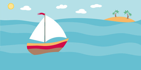 Naklejka premium Flat illustration of a sailing ship at sea sailing to an island with palm trees. Traveler s postcard.