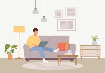 Convenient work at home illustration. Male character sitting with laptop cozy soft purple sofa calm atmosphere home leisure and relaxed freelancing in pandemic. Cartoon vector calmness.