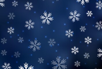 Fototapeta na wymiar Dark BLUE vector texture with colored snowflakes, stars.
