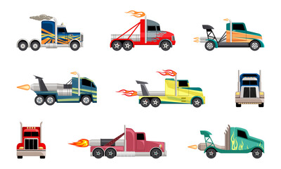 High speed heavy trucks set. Cars with powerful jet engines fashionable coloring for extreme futuristic sports on massive wheels with flying flames and body paint. Motorsport cartoon vector. © alex_cardo