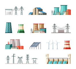Industrial and ecological electric power installations set. Powerful structures pipes fueled nuclear fuel and coal substation containers connected iron poles safe wind turbines. Cartoon vector.