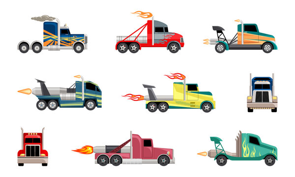 High speed heavy trucks set. Cars with powerful jet engines fashionable coloring for extreme futuristic sports on massive wheels with flying flames and body paint. Motorsport cartoon vector.