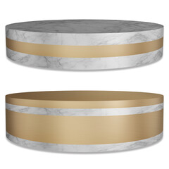 Marble and gold surface pallet Product pedestal or a luxurious golden color On white background with 3D rendering cutting path.