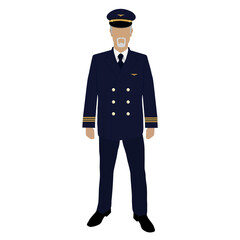 Confident pilot. Confident male pilot in uniform. Vector illustration. Profession pilot of aircraft. Man in uniform standing. Captain