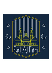 Editable Eid Al-Fitri Mubarak Concept With Night Scene of Mosque Silhouette Vector Illustration in Outline Style for Artwork Element of Islamic Holy Festival Design Concept