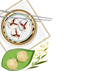 Set of steamed dumpling bun dimsum in bamboo basket and sponge cake with yellow flower decoration on white background. Close up hand drawing vector illustration.