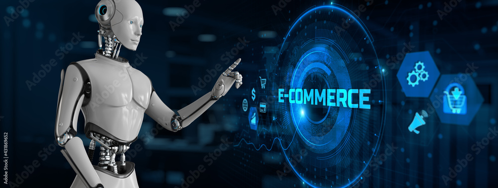 Poster e-commerce online shopping. robot pressing button on screen 3d render