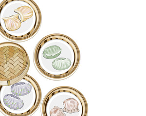 Set of steamed dumplings in bamboo basket steamer with lid on white background. Close up hand drawing Asian food vector illustration.