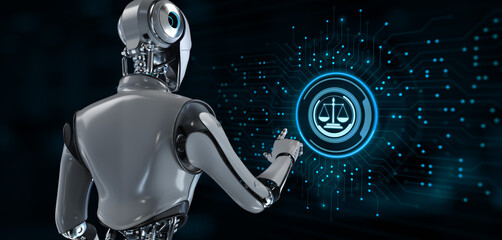 Law Lawyer jurisprudence concept. Robot pressing button on screen 3d render