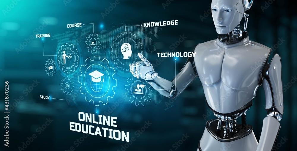 Poster Online education e-learning concept. Robot pressing button on screen 3d render