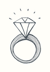 A ring with a diamond. Hand drawn doodle monochrome vector illustration.