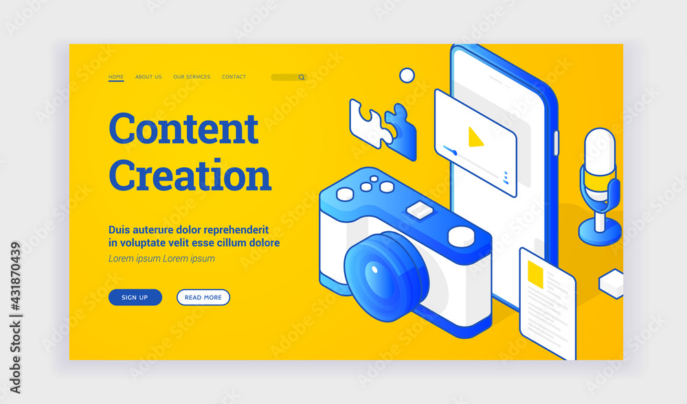 Poster vector illustration of camera and smartphone with video representing content creation industry near 