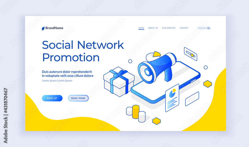 Poster vector illustration of smartphone with megaphone and gift box representing social network promotion 