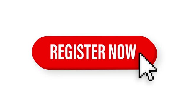 Red register now label in modern style on white background. Banner promotion. Click button. Motion graphics.