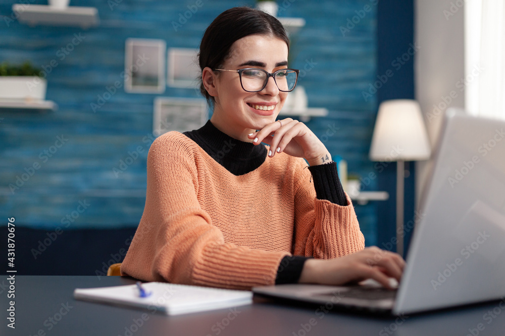Poster student browsing on internet management information for university exam looking at e-learning platfo