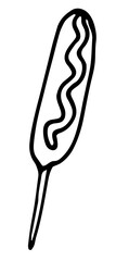Vector isolated street food element sausage on a skewer drizzled with sauce, hand-drawn in doodle style with a black line on a white background for a design template. fast food sausage on a stick with