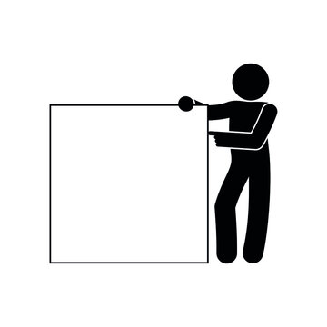 man points with his hand to a banner, stick man silhouette shows a finger on a large white sheet, blank, place for text