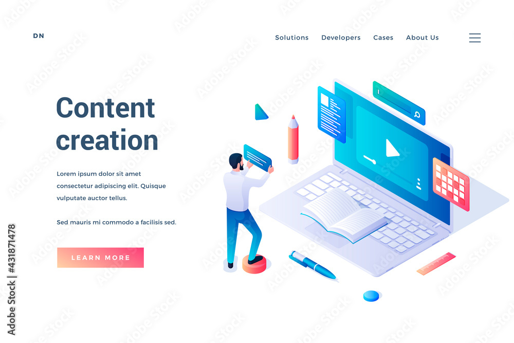 Poster content creation. isometric vector web banner. man standing in front of huge laptop and making conte
