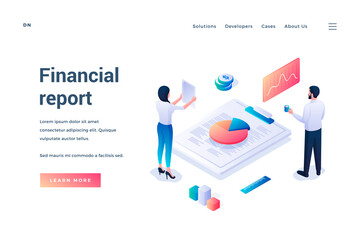 Financial report. Isometric web banner. Male and female characters standing in front of huge tablet with documents and working with diagrams and graphs. Landing page template. Vector illustration