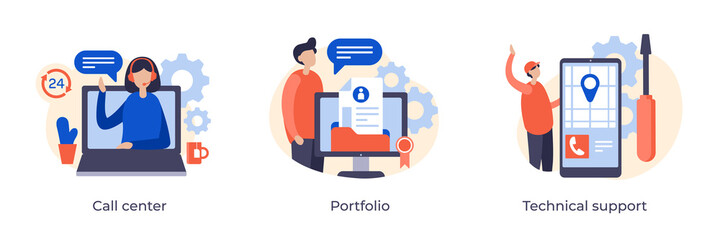 Call center, Portfolio and Technical support concept flat illustration for corporate website pages. Customer support 24 7. Service center location. Flat vector illustration