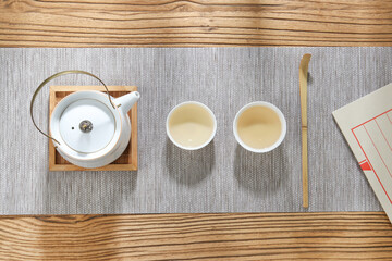 green tea and tea set on the table