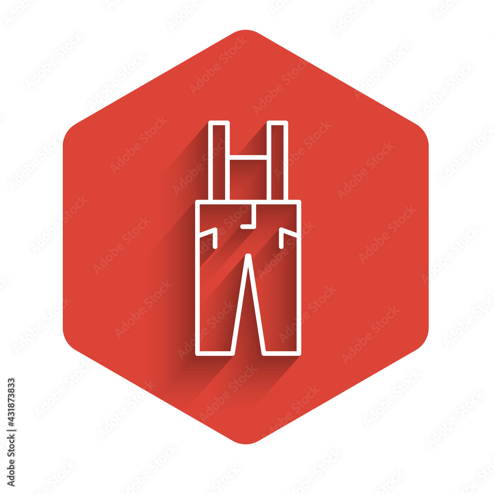 Poster White line Pants with suspenders icon isolated with long shadow. Red hexagon button. Vector