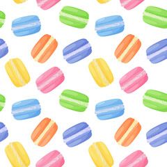 Seamless pattern with bright colorful macaroon cakes. Sweet food. Bright delicious colored flat cartoon vector elements on a white background.