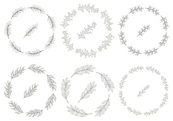 Set of 8 round wreaths of hand-drawn twigs with leaves in doodle style. Black and white vector illustrations in cartoon style. Isolated on a white background