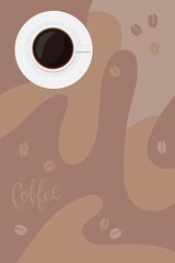 Abstract geometric composition with cup of coffee Coffee cup with saucer top view. Vector flat clipart in minimalist style for coffee company, cafe, coffee shop or restaurant Template in brown tones.