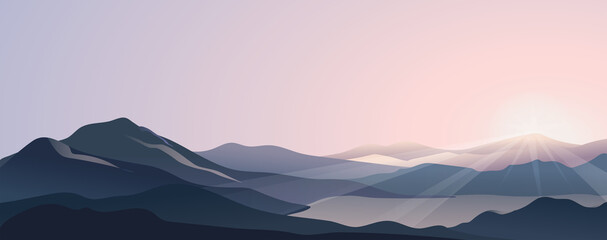 Landscape of a lake in the mountains at dawn in soft colors under the first rays of the sun. Vector flat illustration.