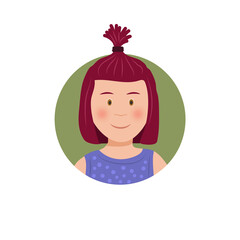 Cute little girl with red-haired cartoon avatar-the face of a character in a circle, flat vector illustration, isolated on a white background.