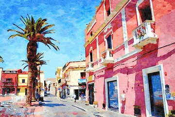 Fototapeta na wymiar A glimpse of a square with a large palm tree in a small town in Sardinia in Italy. Digital painting.