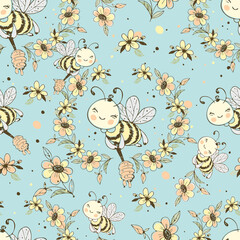 Seamless pattern with cute honeybees. Vector.