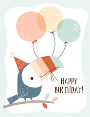 Birthday card design with cute and whimsical toucan and balloons in pastel colors. Children's birthday card with cartoon tropical bird and balloons. Vector illustration. © Torico