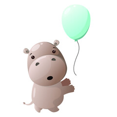 Cute hippo with a balloon on a white background. Children's animal illustration