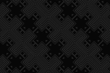 3D volumetric convex embossed black background. Ethnic geometric style. Exotic pattern for wallpapers, presentations, textiles, websites, coloring, wrapping paper.