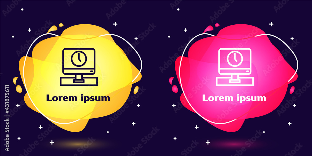 Poster Set line Computer monitor time icon isolated on blue background. Electronic device. Front view. Abstract banner with liquid shapes. Vector