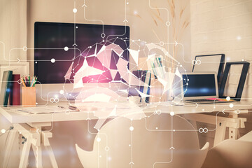 Double exposure of brain drawing and office interior background. Concept of data technology.