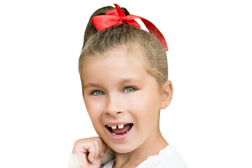 Caucasian white beautiful long haired brunette smiling toothless girl with red hair band. Smiling...