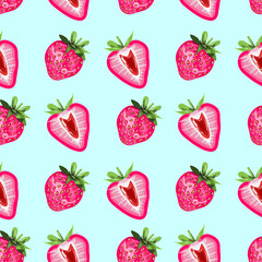 Colourful seamless pattern with pink strawberries on light blue background. For print, packaging, textile, wrapping paper, wall paper. Vector pattern.