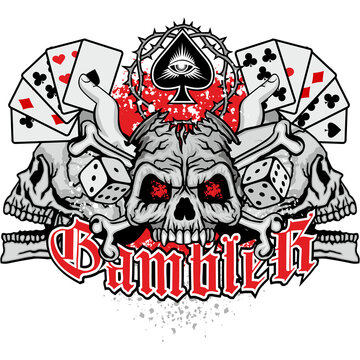 Gothic sign with skull and playing card, grunge vintage design t shirts