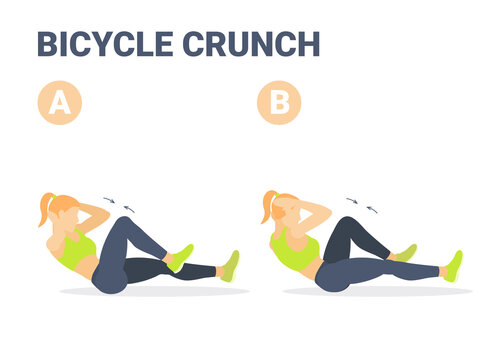 Girl doing Bicycle Criss cross Crunch Abs Exercise Colorful Concept illustration.